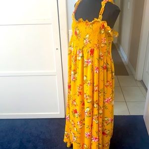 Long floral smocked, ruffled straps dress